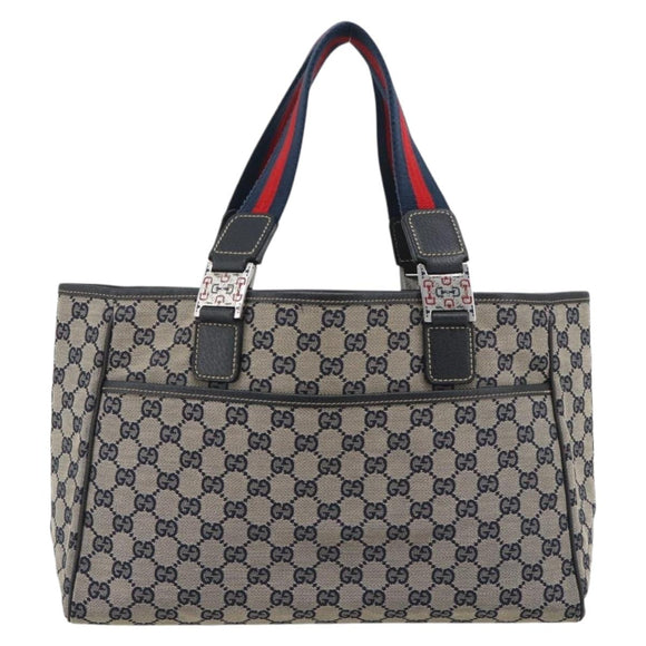 GUCCI GG Canvas Sherry Line Tote Bag Navy Silver 145758 Auth 194942A