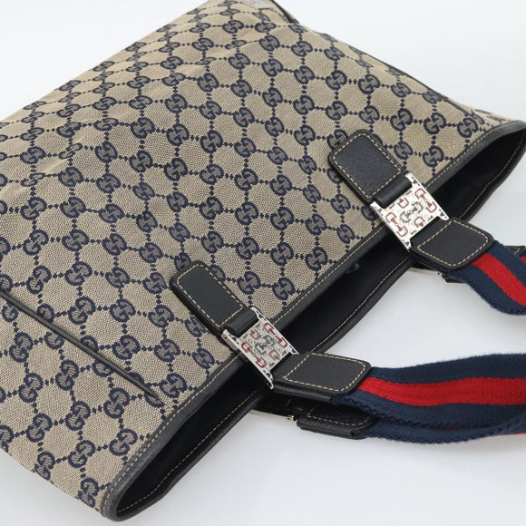 GUCCI GG Canvas Sherry Line Tote Bag Navy Silver 145758 Auth 194942A