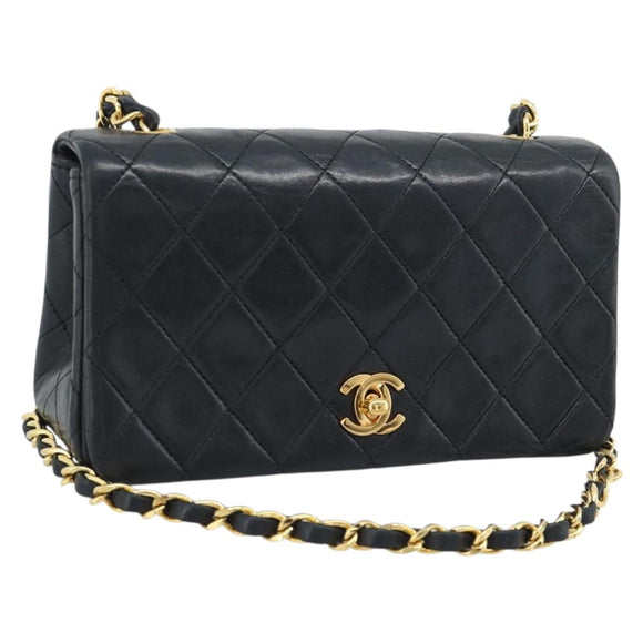 CHANEL Matelasse Chain Shoulder Bag Lamb Skin Black Gold CC Auth 194950V