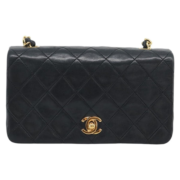CHANEL Matelasse Chain Shoulder Bag Lamb Skin Black Gold CC Auth 194950V