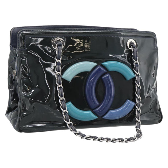 CHANEL Lip Stick Chain Tote Bag Patent Leather Black Silver CC Auth 194954