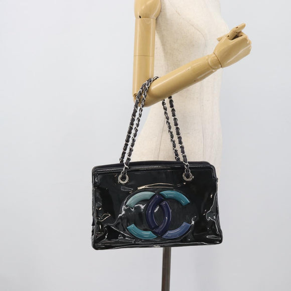CHANEL Lip Stick Chain Tote Bag Patent Leather Black Silver CC Auth 194954