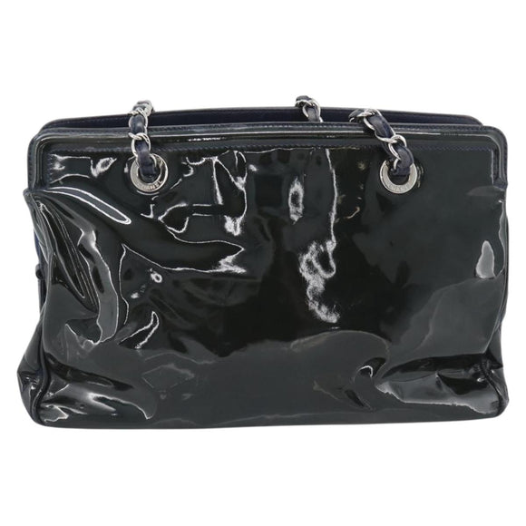 CHANEL Lip Stick Chain Tote Bag Patent Leather Black Silver CC Auth 194954