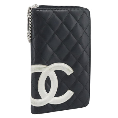 CHANEL Matelasse Cambon Line Long Wallet Leather Black Silver CC Auth 194957