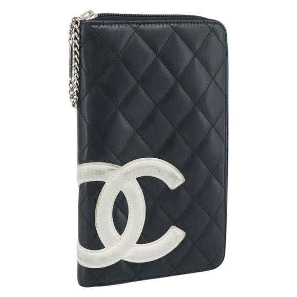 CHANEL Matelasse Cambon Line Long Wallet Leather Black Silver CC Auth 194957