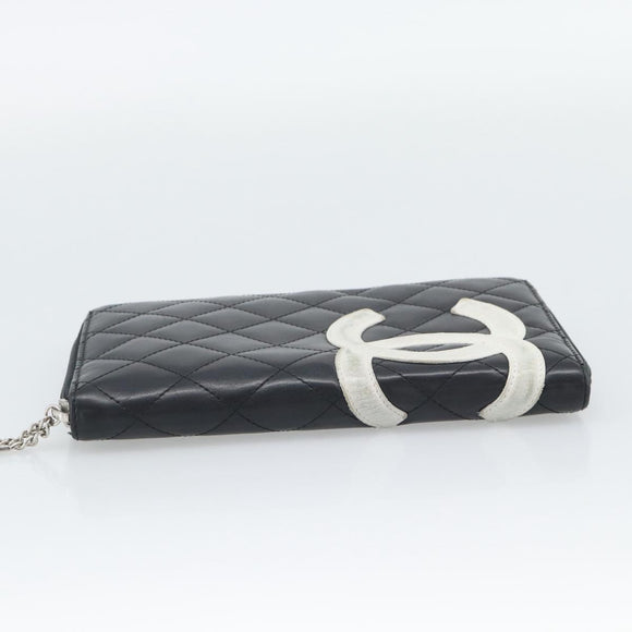 CHANEL Matelasse Cambon Line Long Wallet Leather Black Silver CC Auth 194957