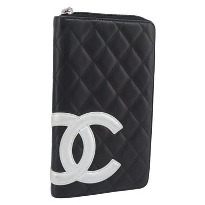 CHANEL Matelasse Cambon Line Long Wallet Leather Black Silver CC Auth 194958M