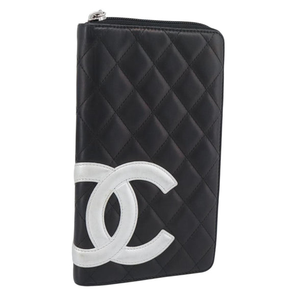CHANEL Matelasse Cambon Line Long Wallet Leather Black Silver CC Auth 194958M
