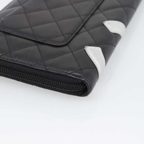 CHANEL Matelasse Cambon Line Long Wallet Leather Black Silver CC Auth 194958M