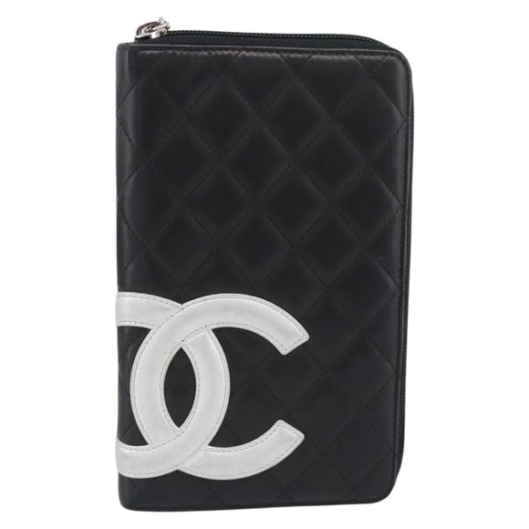 CHANEL Matelasse Cambon Line Long Wallet Leather Black Silver CC Auth 194958M