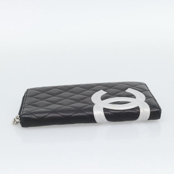 CHANEL Matelasse Cambon Line Long Wallet Leather Black Silver CC Auth 194958M