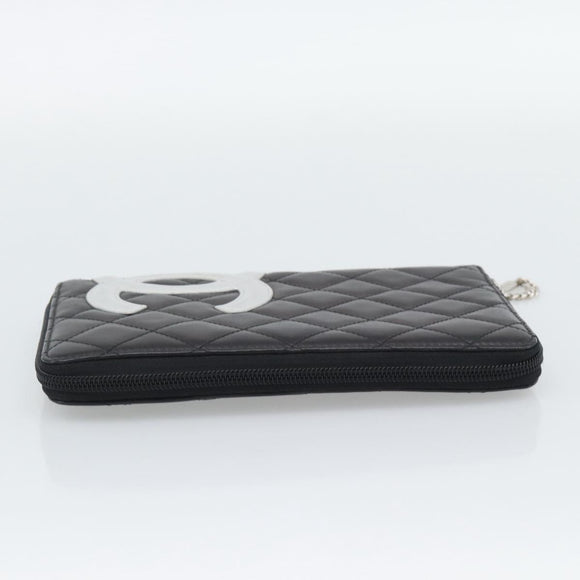 CHANEL Matelasse Cambon Line Long Wallet Leather Black Silver CC Auth 194958M