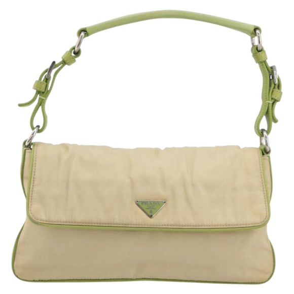 PRADA Shoulder Bag Nylon Beige Silver Auth 194981A