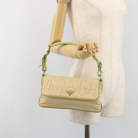 PRADA Shoulder Bag Nylon Beige Silver Auth 194981A