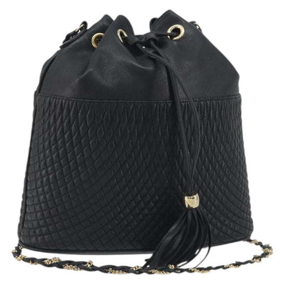 BALLY Chain Shoulder Bag Leather Black Gold Auth 194985A