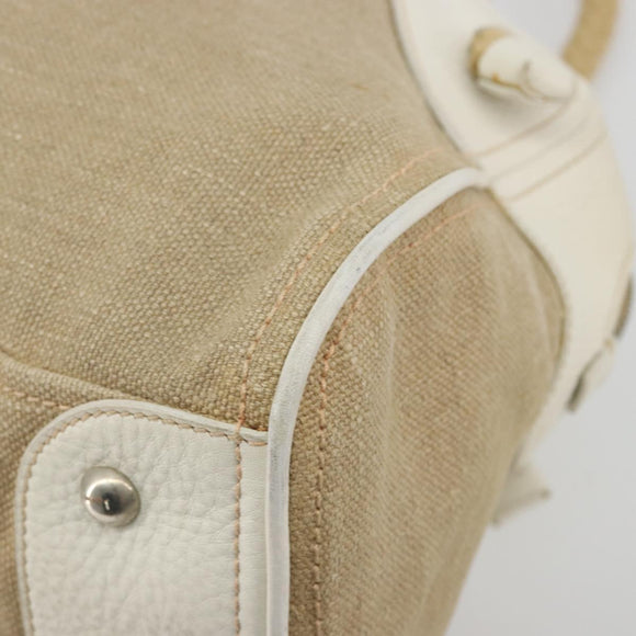 Miu Miu Boston Bag Canvas Beige Silver Auth 194986