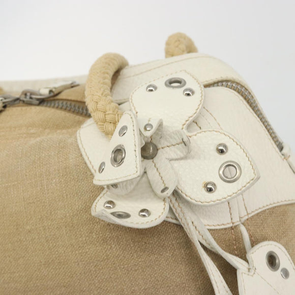 Miu Miu Boston Bag Canvas Beige Silver Auth 194986