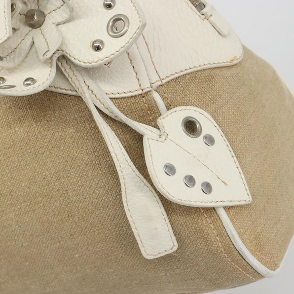 Miu Miu Boston Bag Canvas Beige Silver Auth 194986