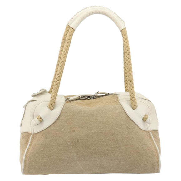 Miu Miu Boston Bag Canvas Beige Silver Auth 194986