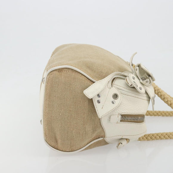 Miu Miu Boston Bag Canvas Beige Silver Auth 194986