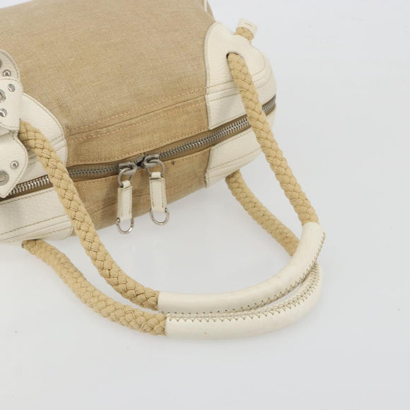 Miu Miu Boston Bag Canvas Beige Silver Auth 194986
