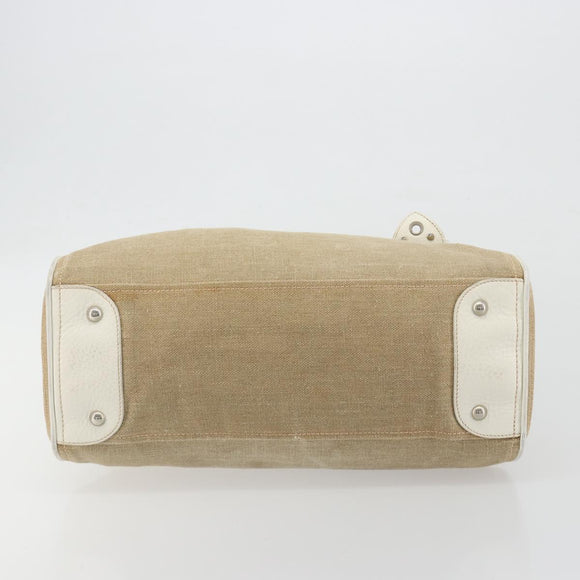 Miu Miu Boston Bag Canvas Beige Silver Auth 194986