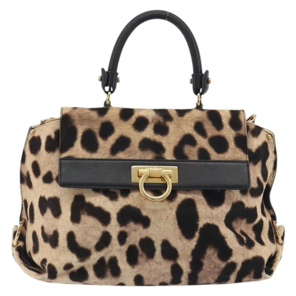 Salvatore Ferragamo Gancini Hand Bag Harako Leather 2way Beige Gold Auth 194990A
