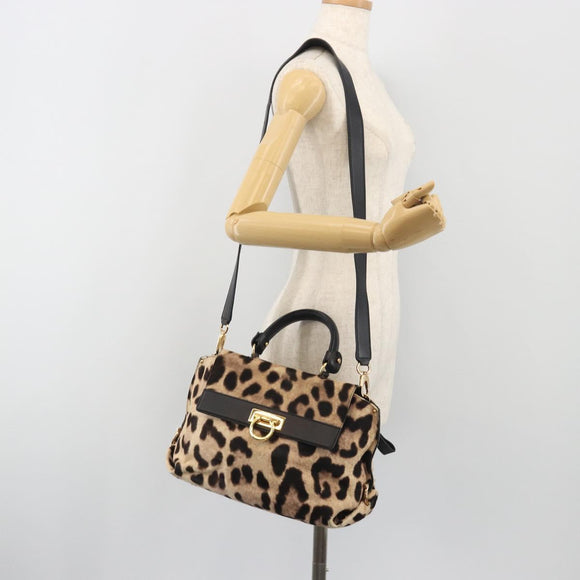 Salvatore Ferragamo Gancini Hand Bag Harako Leather 2way Beige Gold Auth 194990A