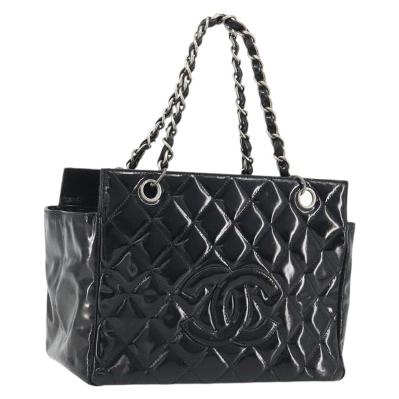 CHANEL Matelasse Chain Shoulder Bag Patent Leather Black Silver CC Auth 195001