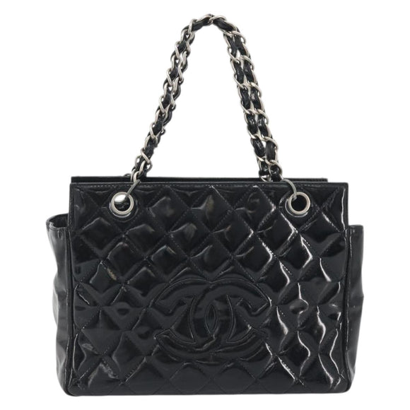CHANEL Matelasse Chain Shoulder Bag Patent Leather Black Silver CC Auth 195001