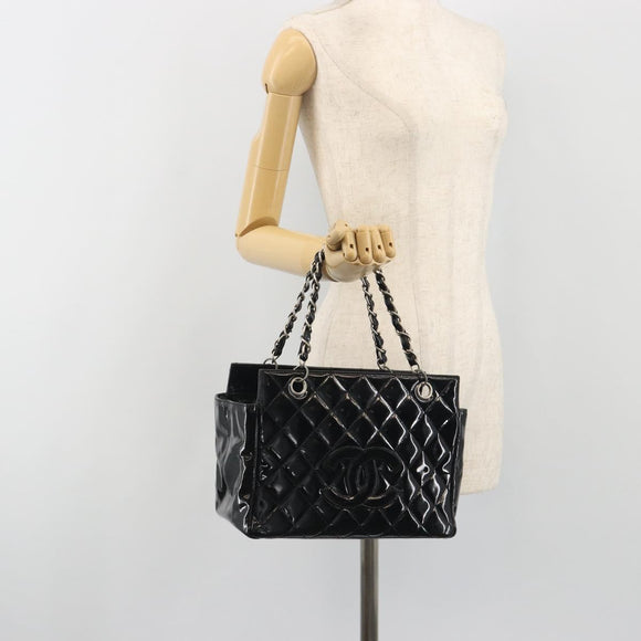 CHANEL Matelasse Chain Shoulder Bag Patent Leather Black Silver CC Auth 195001
