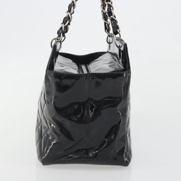 CHANEL Matelasse Chain Shoulder Bag Patent Leather Black Silver CC Auth 195001