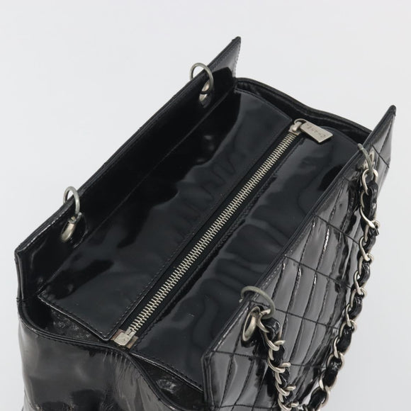 CHANEL Matelasse Chain Shoulder Bag Patent Leather Black Silver CC Auth 195001
