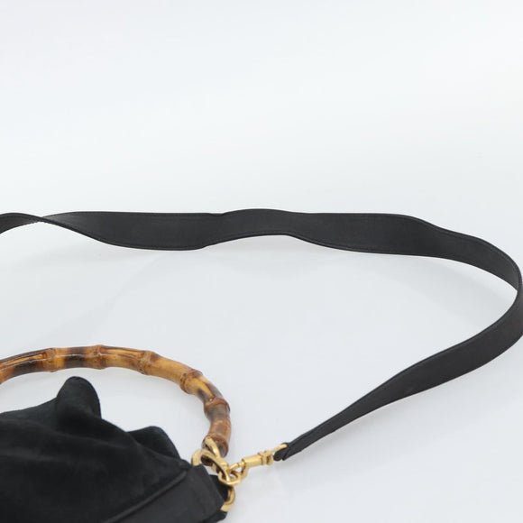 GUCCI Bamboo Shoulder Bag Suede 2way Black Gold Auth 195003