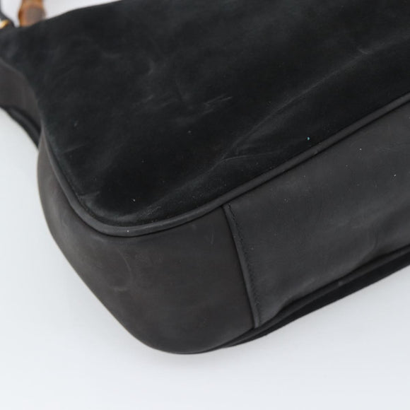 GUCCI Bamboo Shoulder Bag Suede 2way Black Gold Auth 195003
