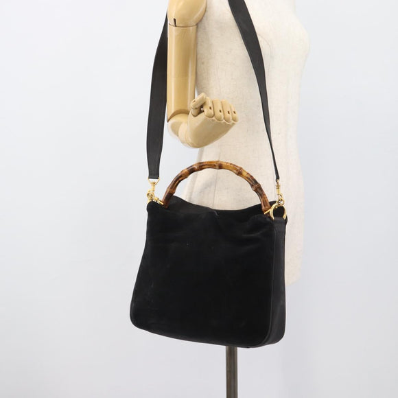 GUCCI Bamboo Shoulder Bag Suede 2way Black Gold Auth 195003