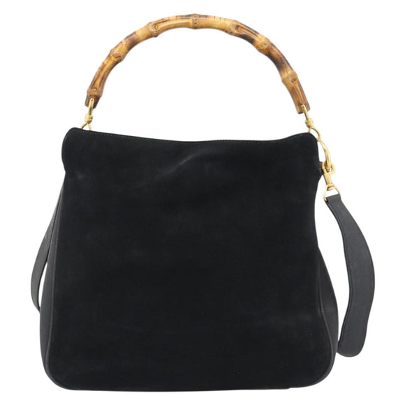 GUCCI Bamboo Shoulder Bag Suede 2way Black Gold Auth 195003