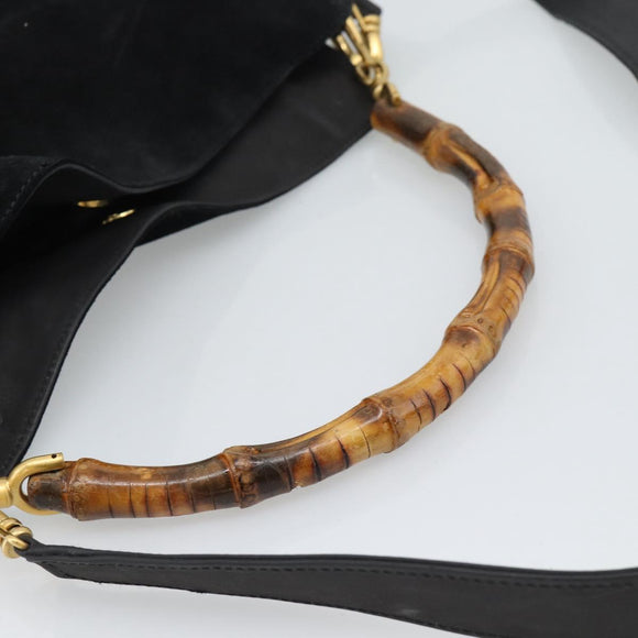GUCCI Bamboo Shoulder Bag Suede 2way Black Gold Auth 195003