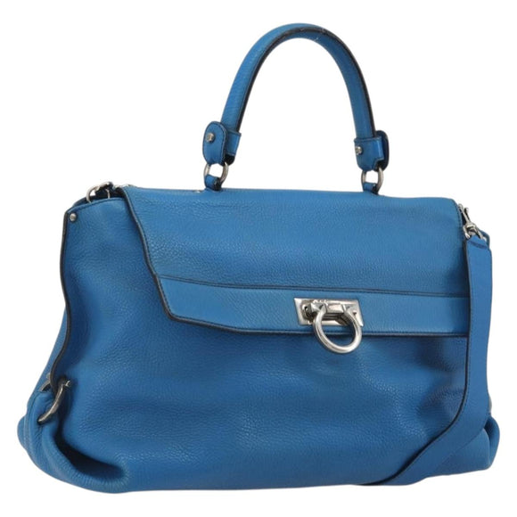 Salvatore Ferragamo Gancini Hand Bag Leather 2way Blue Silver Auth 195004