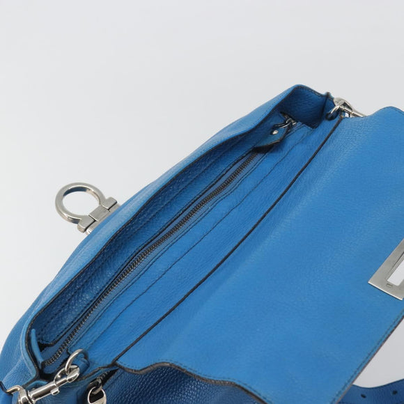 Salvatore Ferragamo Gancini Hand Bag Leather 2way Blue Silver Auth 195004