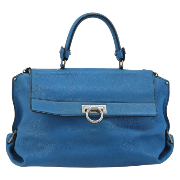 Salvatore Ferragamo Gancini Hand Bag Leather 2way Blue Silver Auth 195004
