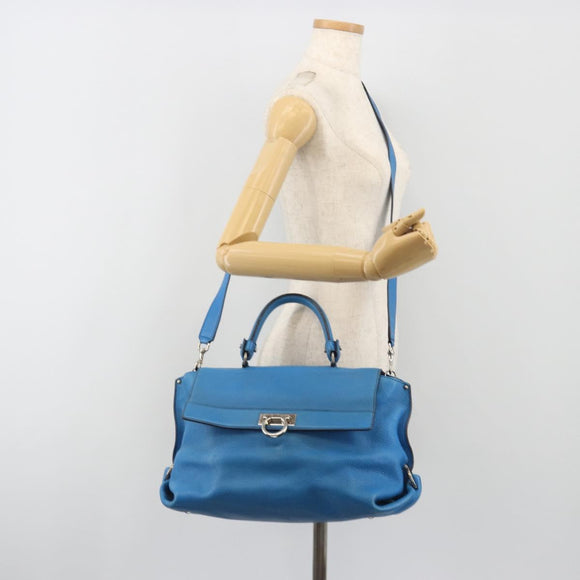Salvatore Ferragamo Gancini Hand Bag Leather 2way Blue Silver Auth 195004