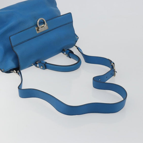 Salvatore Ferragamo Gancini Hand Bag Leather 2way Blue Silver Auth 195004