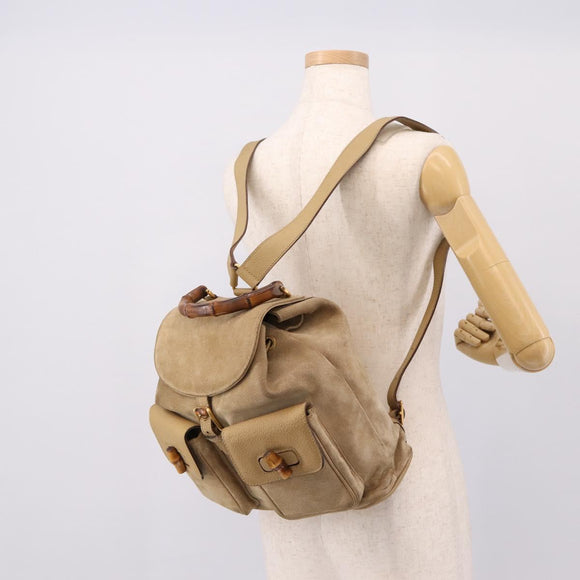 GUCCI Bamboo Backpack Suede Beige Gold 003 2058 0016 Auth 195005