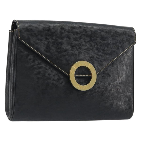 CELINE Circle Clutch Bag Leather Black Gold Auth 195006