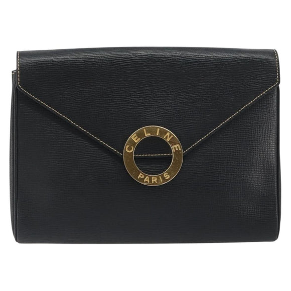 CELINE Circle Clutch Bag Leather Black Gold Auth 195006