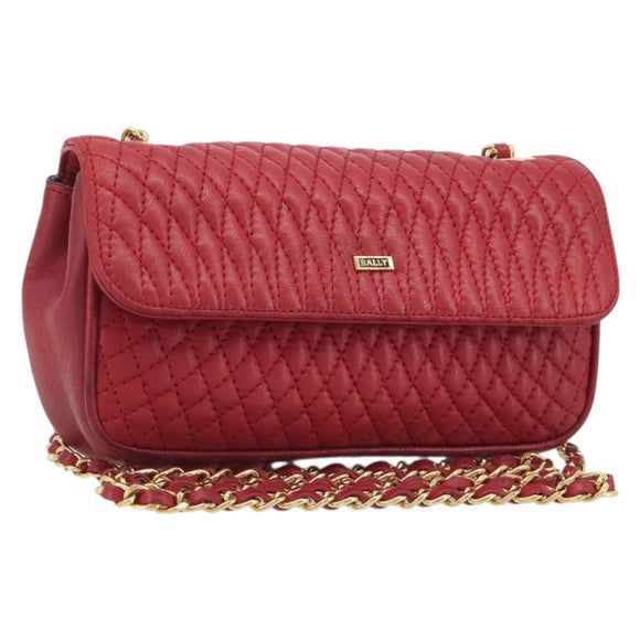 BALLY Chain Shoulder Bag Leather Red Gold Auth 195012