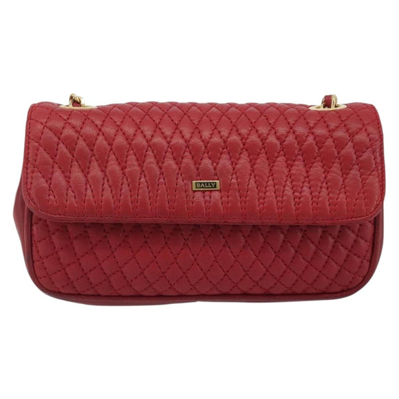 BALLY Chain Shoulder Bag Leather Red Gold Auth 195012