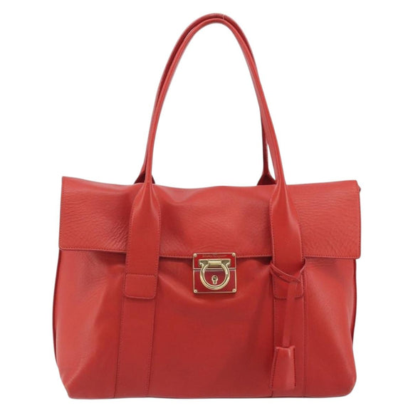 Salvatore Ferragamo Gancini Hand Bag Leather Red Gold Auth 195014