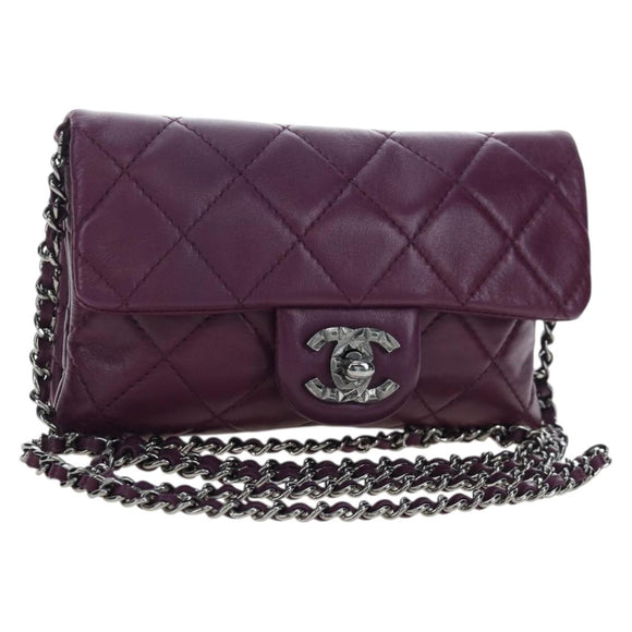 CHANEL Matelasse Chain Shoulder Bag Lamb Skin Purple Silver CC Auth 195019M